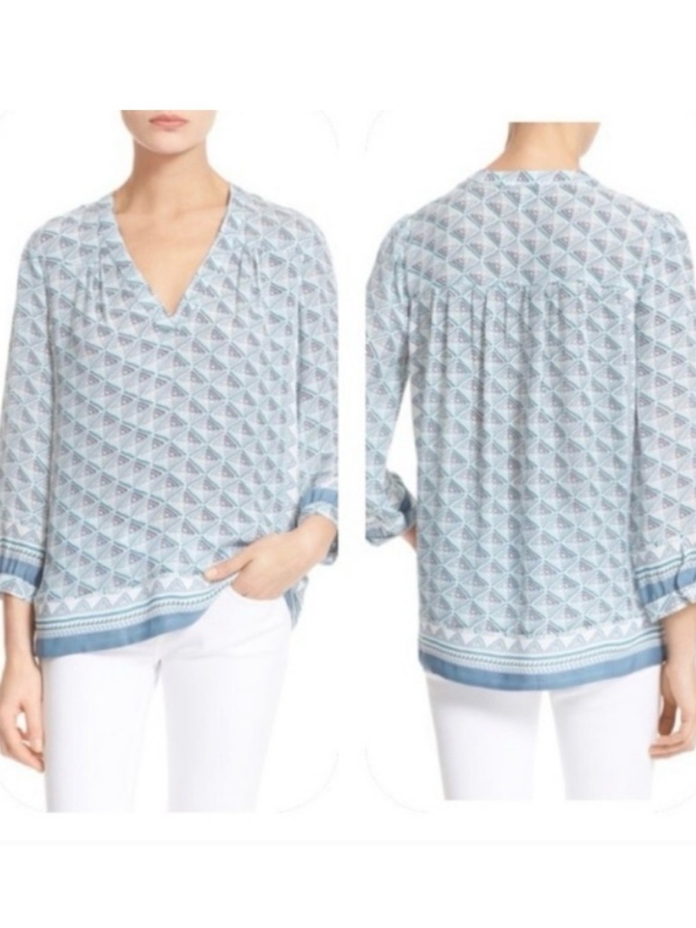 Joie Geometric Border V-Neck Silk Top Blouse Shirt Blue White XXSmall XXS